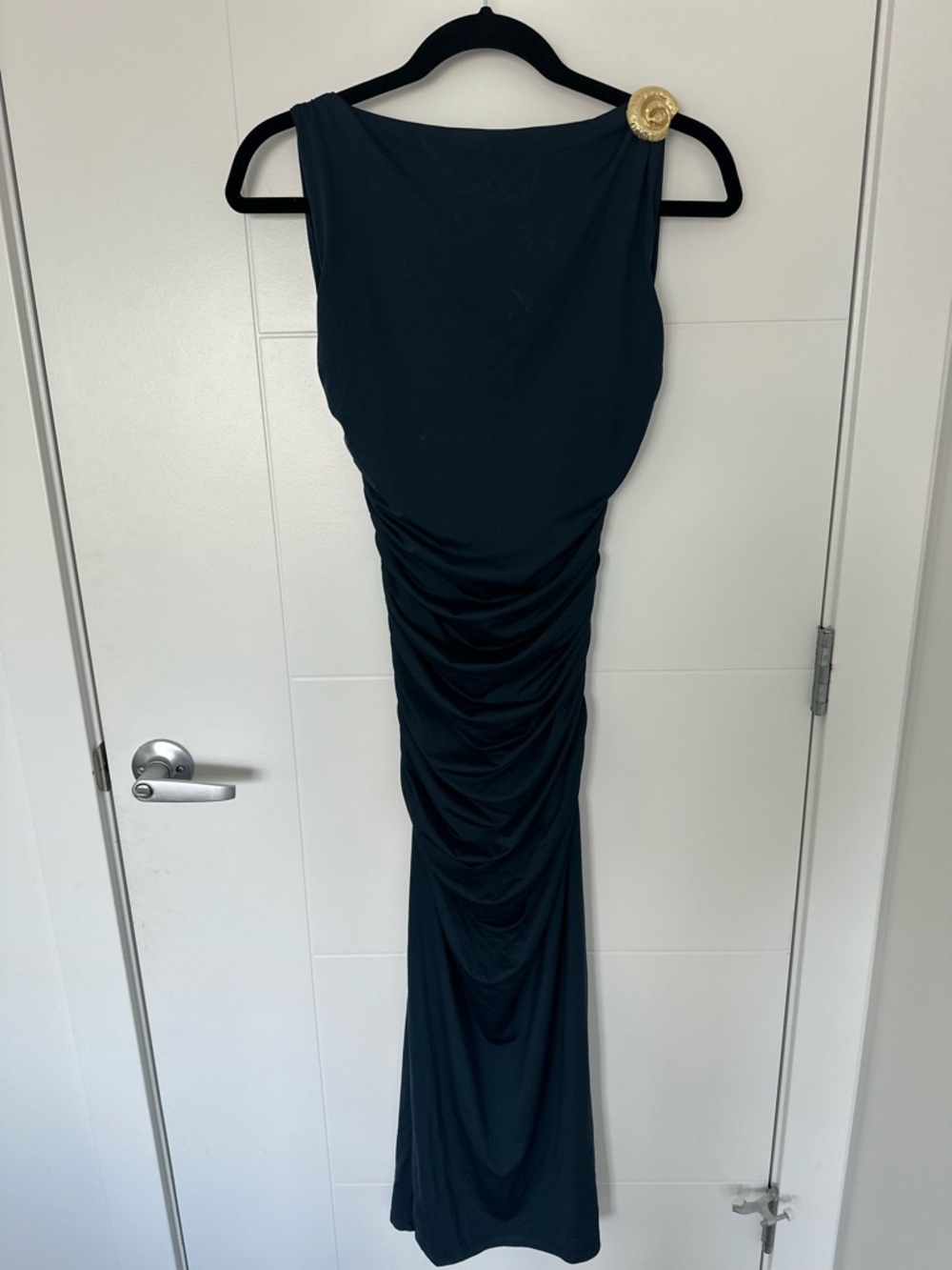 ZARA Ruched Dress Open Back Teal Large Gold Seashell Hardware Detail - Picture 2 of 7